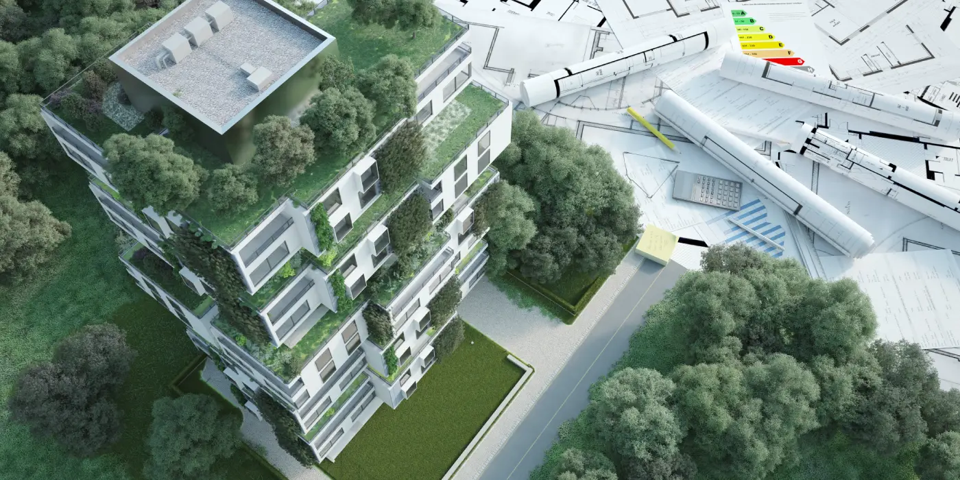 Modern architectural project with eco-friendly residential buildings surrounded by green spaces and detailed plan showing different sections and layouts